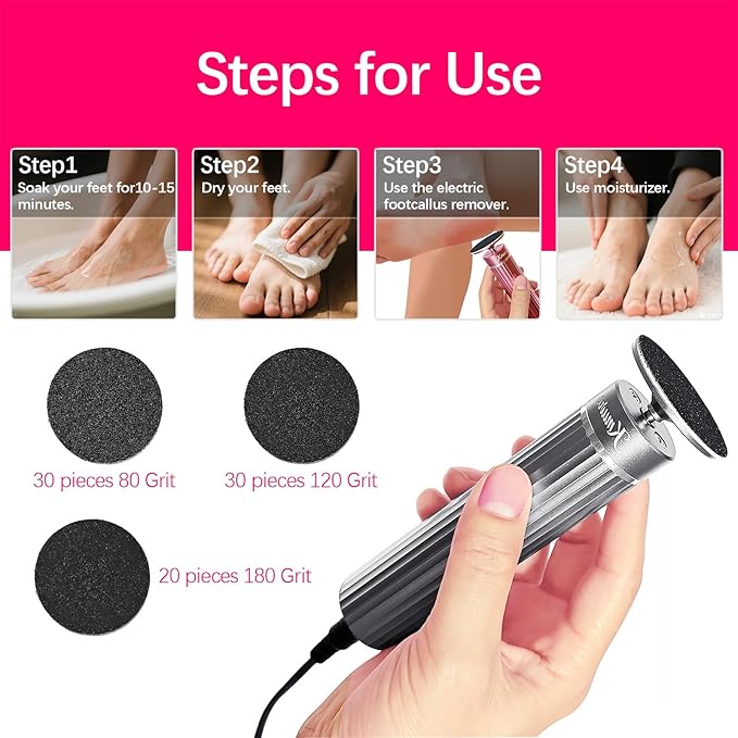 5.3'' Electric Foot Callus Remover with 80pcs Sandpaper Discs & Brush, Professional Aluminum Ergonomic Pedicure Tool, Stepless Speed & Reverse Control for Dead Skin Removal (Grey)-Velvo Beauty