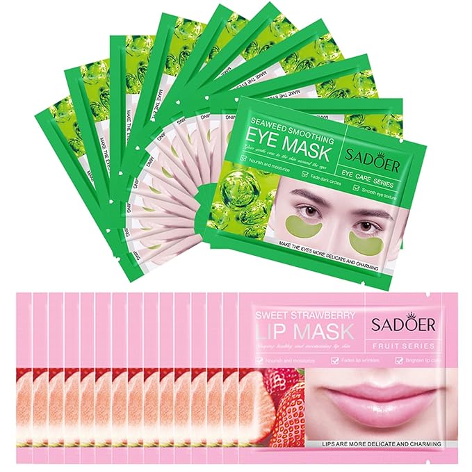 MEICOLY 30 Pads Lip and Eye Mask Sheet,Moisturizing Seaweed Eye Mask Crystal Anti-Aging Eye Patches Strawberry Lip Mask,Dark Circle Remover with Box,Lip and Eye Mask Set-Velvo Beauty