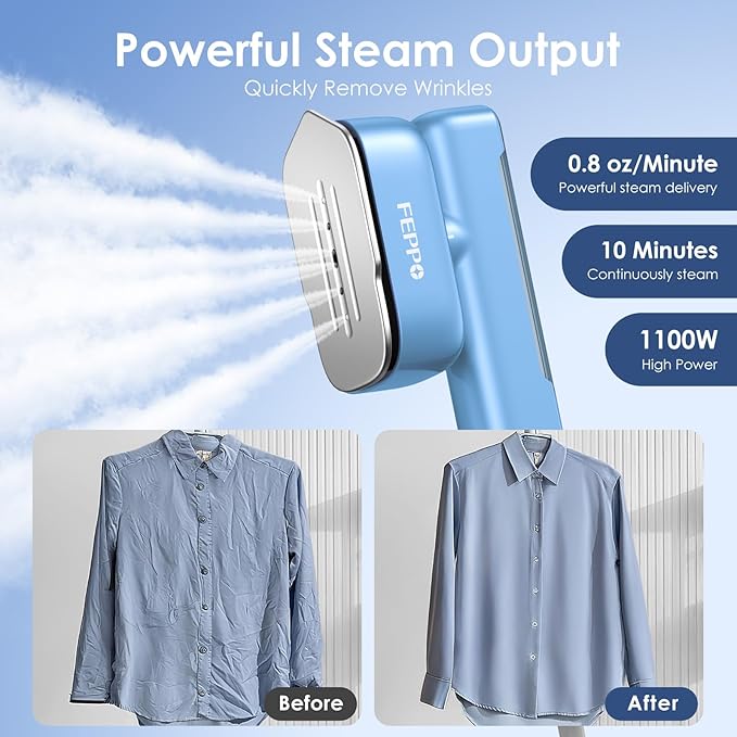 FEPPO Travel Steamer for Clothes, 110-240V Dual Voltage Portable Mini Steamer & Iron 2in1, 1100W Powerful Garment Steamer, Fast Heat Up, Travel Size, HD Display, for Home & Global & Europe Travel-Velvo Beauty