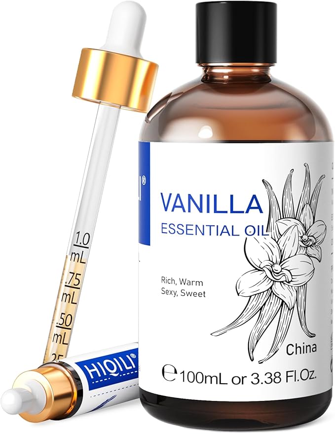 HIQILI Vanilla Essential Oil, Undiluted Natural Strong Fragrance Add in Skin Perfume, Unscented Lotion, Candle Soap Making Scent, Relax at Home with Diffuse Warm Sweet Aroma -100ML-Velvo Beauty