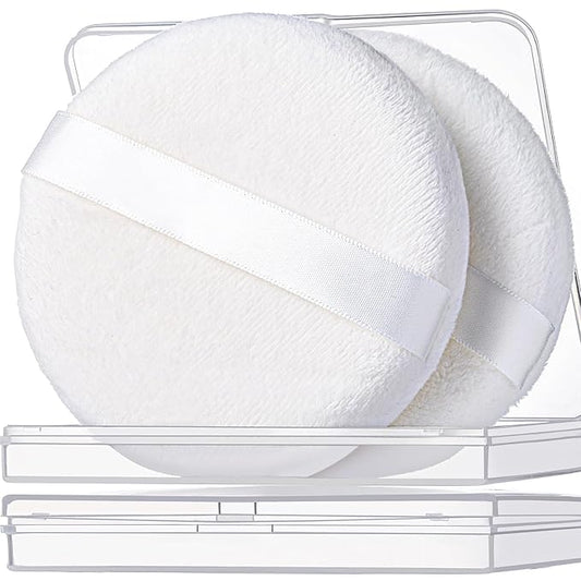 Teenitor 2pcs Powder Puff, 4.13 Inch Powder Puff for Body Powder, Body Powder Puff Large Powder Puff Loose Powder Puffs Soft Velour Body Powder Puff and Container White-Velvo Beauty