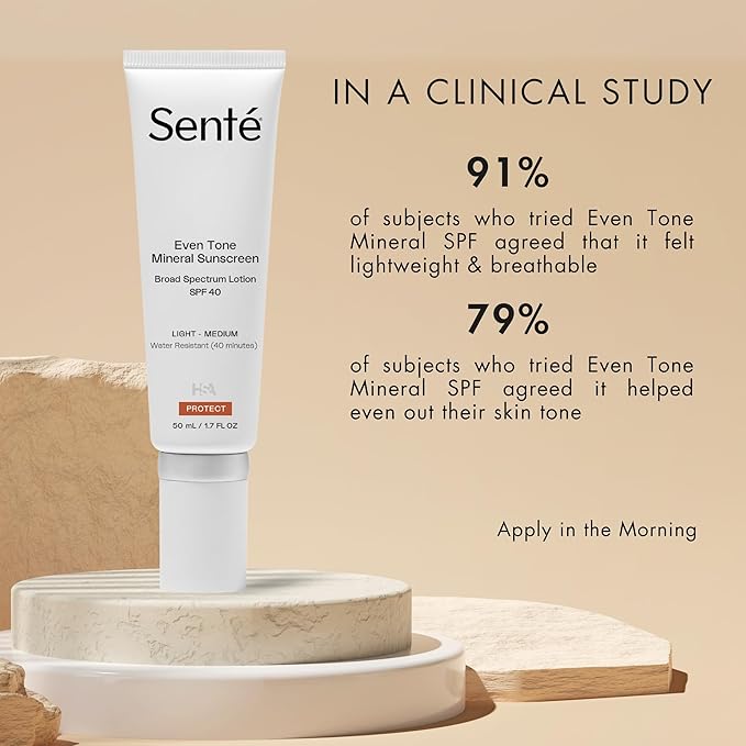 Senté Even Tone Mineral Sunscreen Tinted | SPF 40 Light-Medium | Hydrating, Lightweight Sun Protection Treatment for Redness & Discoloration | UVA/UVB & Blue Light Defense | 1.7 oz-Velvo Beauty