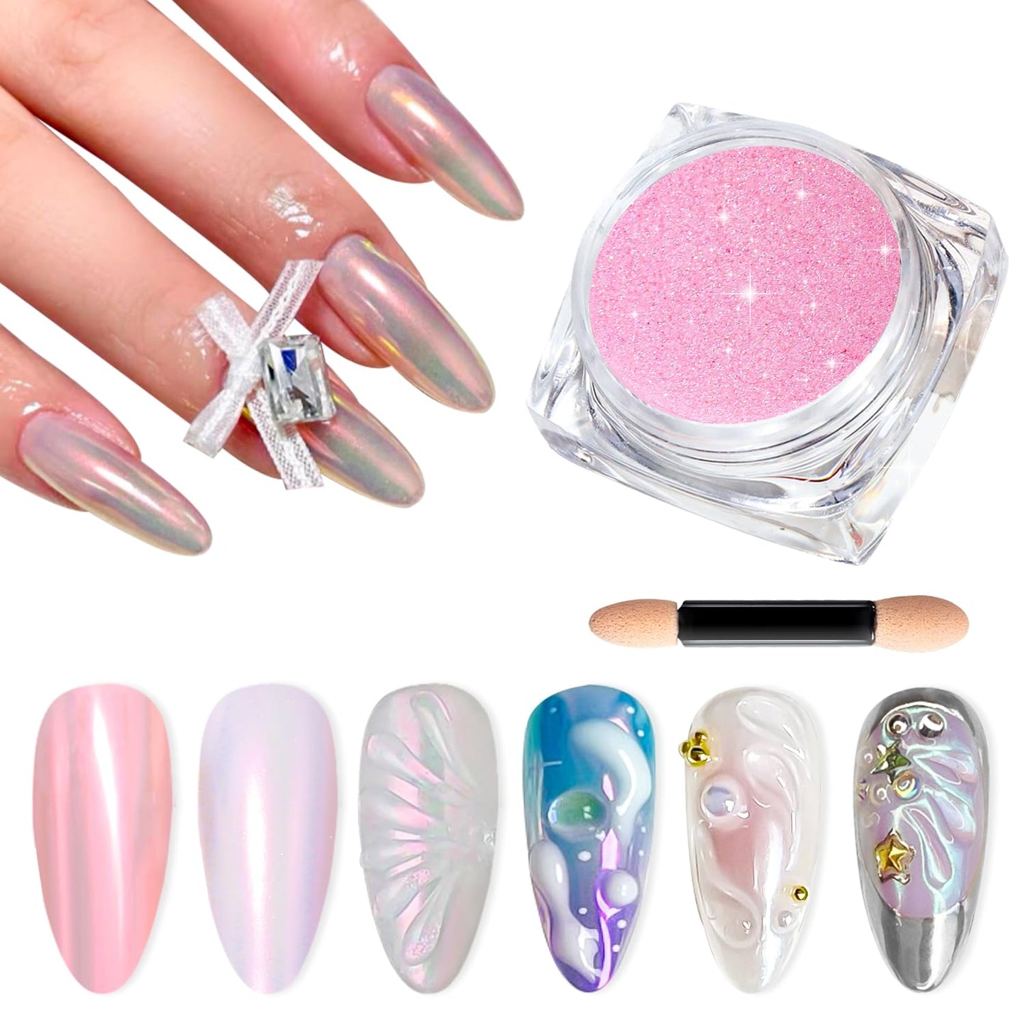 Chrome Nail Powder -【Fairy Effect】Pink Chrome Nail Powder Aurora Mermaid Iridescent Chrome Powder For Nails, Pink Chrome Powder Metallic Mirror Glitter Pigment Dust For Manicure Decoration-Velvo Beauty