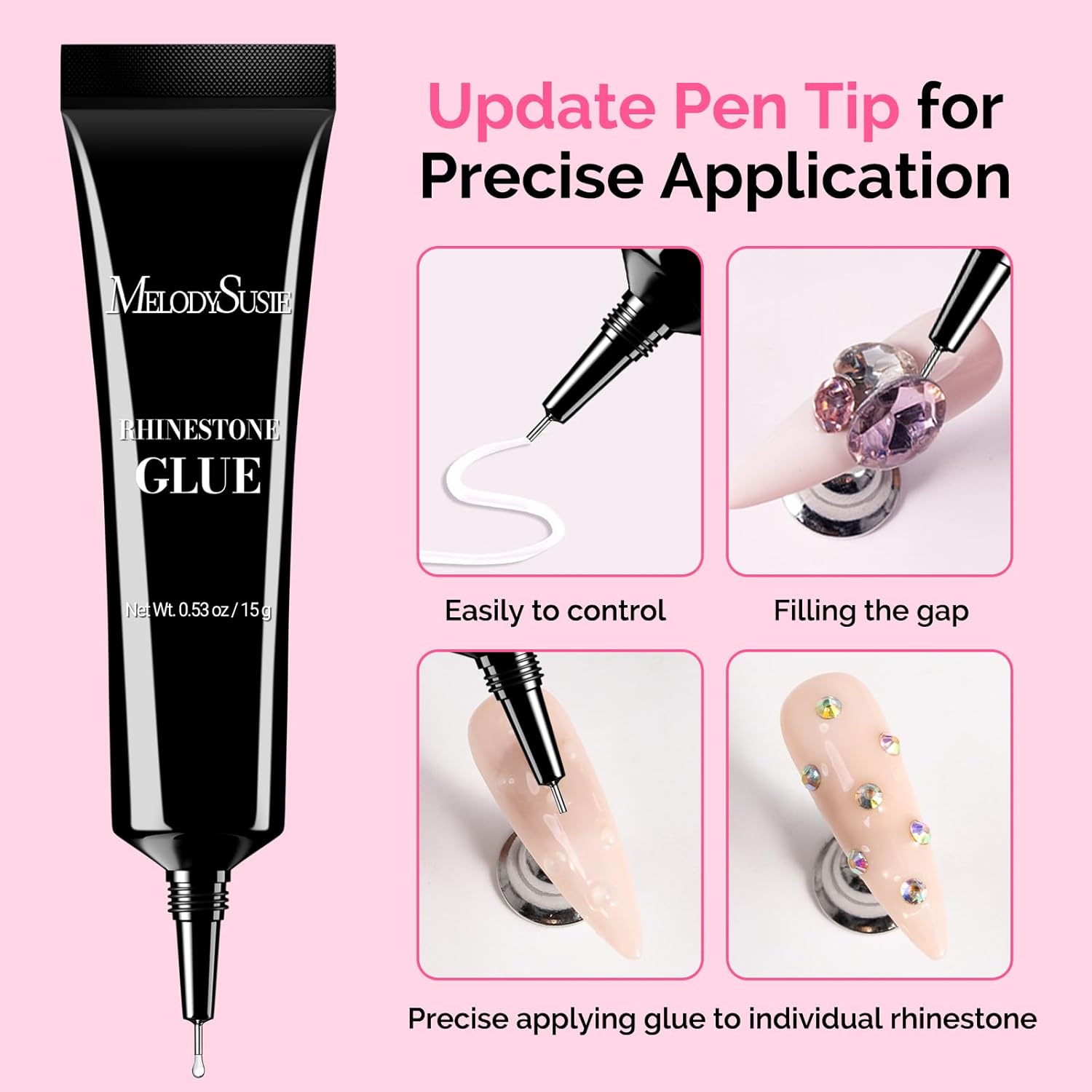 MelodySusie 15g Pinpoint Nail Rhinestone Glue for Nails Super Strong Gel for Nail Charms Gems 3D Nail Gel UV Nail Glue for Nail Art Design Nail Chrome-Velvo Beauty