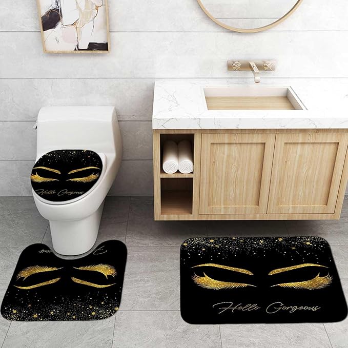 4PCS Unicorn Eyelash Shower Curtain Set, Luxury Gold Glitter Eyebrow Makeup Confetti Hello Gorgeous Glam Modern Fashion Black Women Bathroom Decor, Non-slip Bath Mat Toilet Rug, Gold Eyelash-Velvo Beauty