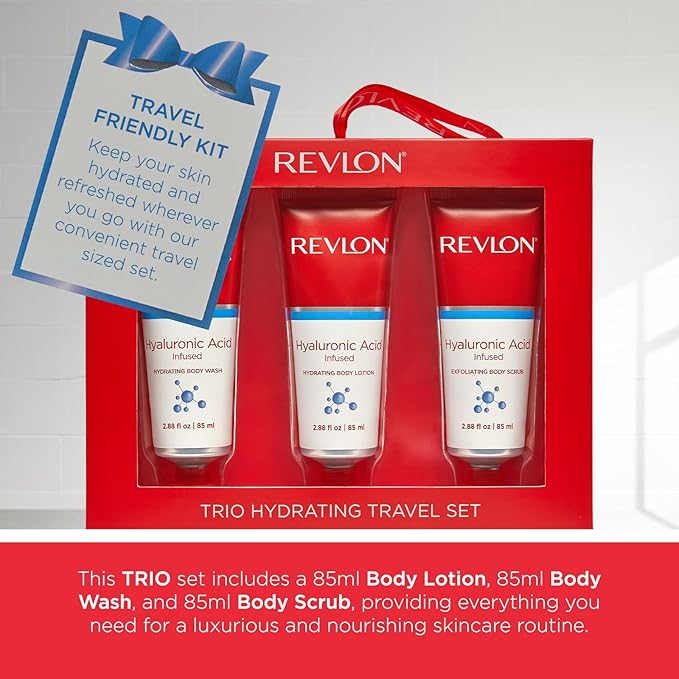 REVLON Get Carried Away Trio Hydrating Travel Set, Hyaluronic Acid Infused, Hydrating Body Wash, Body Lotion, Exfoliating Body Scrub, 3 Count (2.88 fl oz)-Velvo Beauty