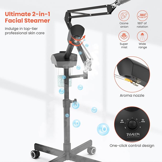 TASALON Professional 2-in-1 Facial Steamer, Ozone Face Steamer with 5X Magnifying Lamp Deep Cleaning Pore,Hot Mist Face Steamer Salon Spa Beauty Skin Care Equipment, Aroma Therapy Nozzle Included-Velvo Beauty