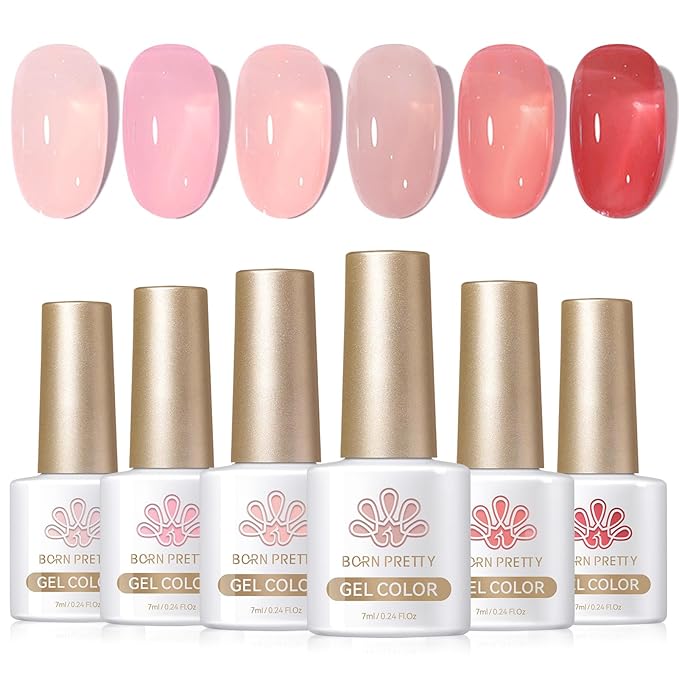 Born Pretty Jelly Nude Pink Gel Nail Polish Sheer Transparent Gel Polish 6Colors Soak Off U v Light Cure Gel Polish Kit for Salon and Nail Art DIY at Home-Velvo Beauty