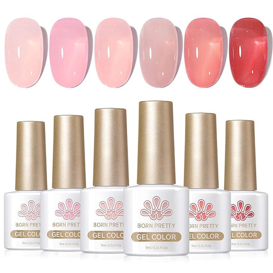 Born Pretty Jelly Nude Pink Gel Nail Polish Sheer Transparent Gel Polish 6Colors Soak Off U v Light Cure Gel Polish Kit for Salon and Nail Art DIY at Home-Velvo Beauty