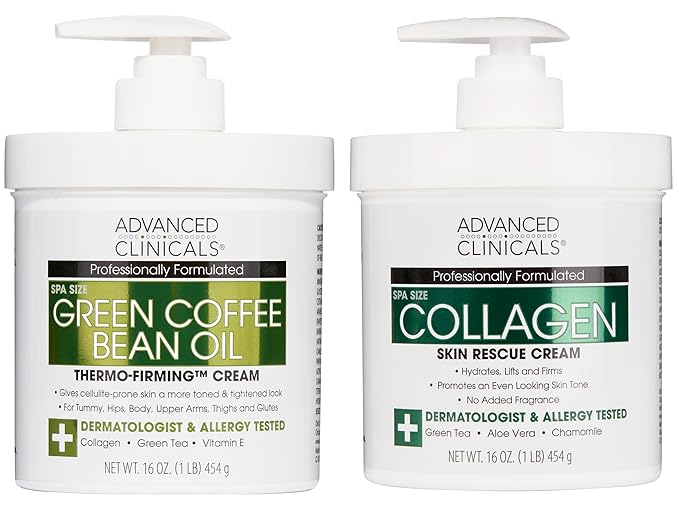 Advanced Clinicals Unscented Collagen Body Cream & Face Moisturizer + Green Coffee Bean Oil Thermo - Firming Body Cream For Women & Men Helps Reduce Appearance Of Cellulite Prone Skin & Dry Skin, 2pc-Velvo Beauty