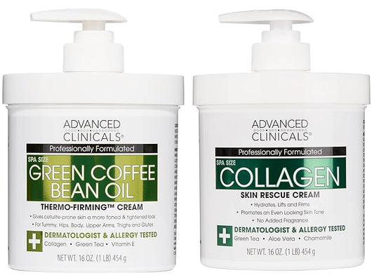 Advanced Clinicals Unscented Collagen Body Cream & Face Moisturizer + Green Coffee Bean Oil Thermo - Firming Body Cream For Women & Men Helps Reduce Appearance Of Cellulite Prone Skin & Dry Skin, 2pc-Velvo Beauty
