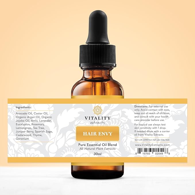 Vitality Extracts Hair Envy - Natural Hair Growth Serum - 100% Pure Essential Oils, 15 Plant Extracts, No Synthetics, No Parabens - Strengthen Hair, Minimize Breakage, Stimulate Follicles-Velvo Beauty