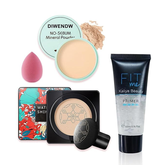 Mushroom Head Air Cushion CC Cream Full Coverage Liquid Foundation Set,Oil Control Concealer Lasting Moisturizing BB Cream,Loose Setting Face Powder Moisturizer Base Primer Makeup with Makeup Sponge-Velvo Beauty