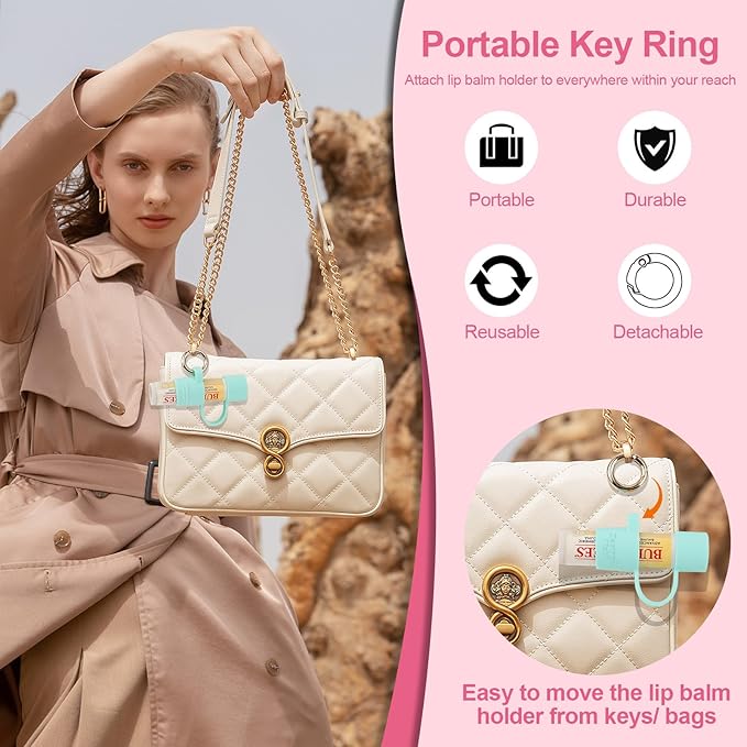 Desing Wish 2 PCS Silicone Lip Balm Holder with Cap Cover Portable Chapstick Holder Keychain Sleeve Lip Balm Key Chain with Key Ring and Wrist Strap Lanyard - Pink/Purple-Velvo Beauty