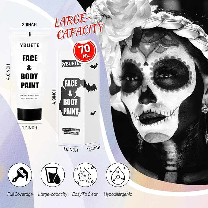 White Water Based Face Body Paint, 2.37 OZ Washable Large Tube Full Coverage Face Paint Cream for Adult Carnival Cosplay Halloween SFX Skull Joker Zombie Vampire Skeleton Goth Makeup-Velvo Beauty