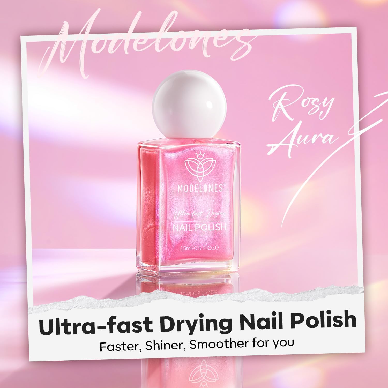 modelones Shine Pink Nail Polish, 15ml Shimmer Pearl Pink Nail Polish Quick Dry Nail Lacquer Strengthener Long Last Shine Fingernail Toe Nail Art DIY Home Travel Manicure Gift for Women Girls-Velvo Beauty