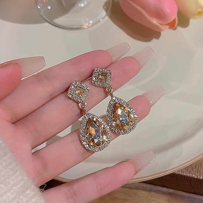 Vintage Crystal Teardrop Earrings Rhinestone Drop Earrings Sparkly Cz Teardrop Dangle Earrings Gold Square Gem Stud Earrings Jewelry for Women-Velvo Beauty