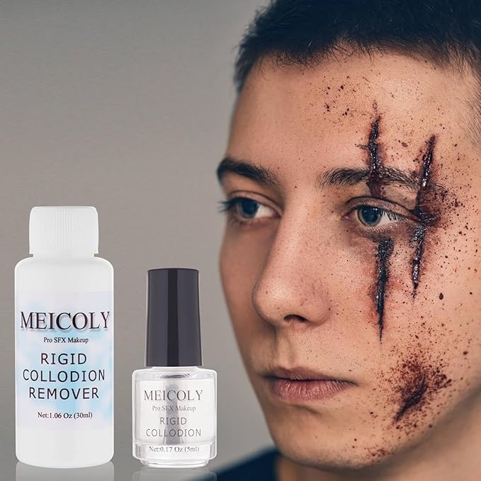 MEICOLY Rigid Collodion and Remover Kit,Scarring Liquid with Brush,Professional Scar Makeup for Halloween SFX Cosplay,Liquid Scar Fake Scar Makeup for Theater Stage Performance,Collodion Scar Liquid-Velvo Beauty