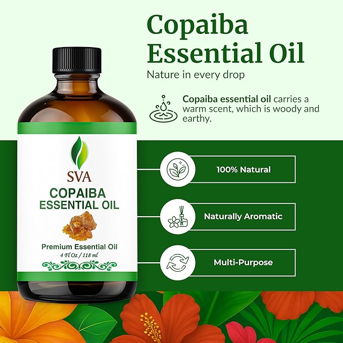 SVA Copaiba Essential Oil – 4 Fl Oz – 100% Natural Copaiba Oil - for Diffuser, Hair Care, Face, Skin Care, Aromatherapy, Scalp and Body Massage, Soap and Candle Making – with Dropper-Velvo Beauty