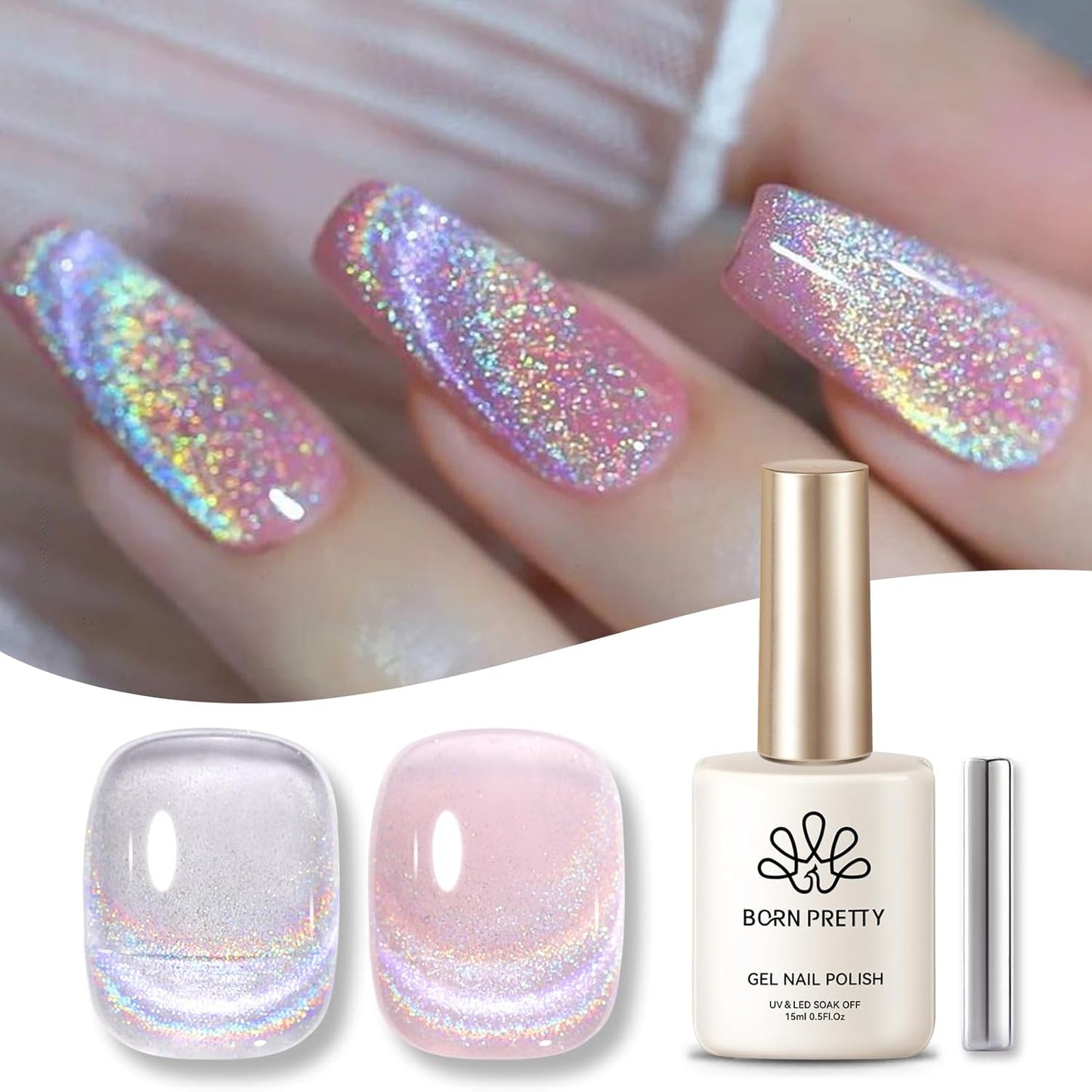 Born Pretty Magnetic Gel Nail Polish Silver Holographic Cat Magnetic Eye Gel Polish Nail Gel Soak Off Nail Art Salon Manicure Collection Gift-Velvo Beauty