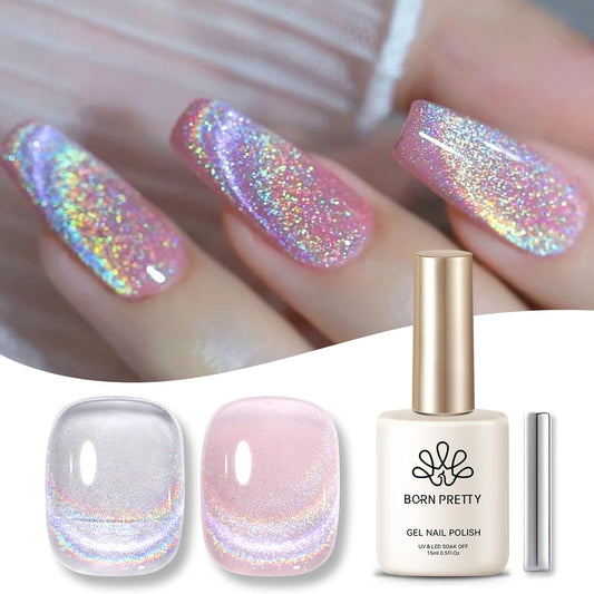 Born Pretty Magnetic Gel Nail Polish Silver Holographic Cat Magnetic Eye Gel Polish Nail Gel Soak Off Nail Art Salon Manicure Collection Gift-Velvo Beauty