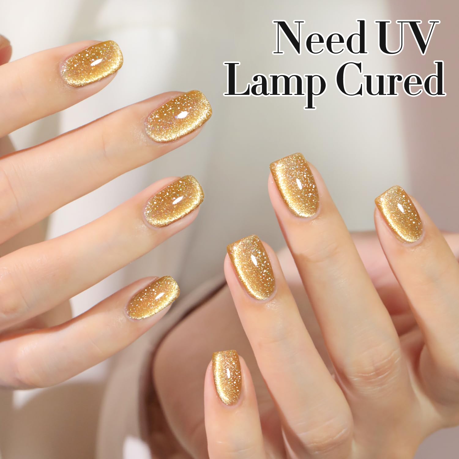 Double Rhythm Cat Eye Gel Polish with Magnet 15ML Holographic Glitter Shimmer Translucent Sheer Color Glass Magnetic Gel Polish Salon DIY at Home (Light Gold-MC1064)-Velvo Beauty