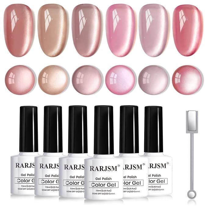 RARJSM Nude Glitter Cat Eye Gel Nail Polish Set 6Pcs Ceramics Pink Light Purple Brown Velvet Shimmer Smoothie Cateye Gel Polish with Magnetic Stick UV LED Curing Require Home Salon Nail Design-Velvo Beauty