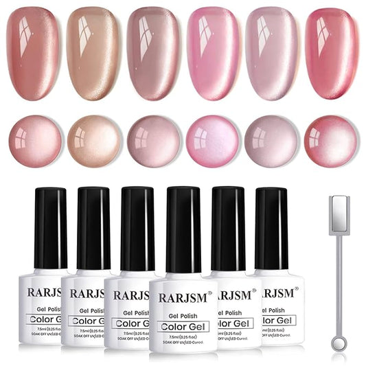 RARJSM Nude Glitter Cat Eye Gel Nail Polish Set 6Pcs Ceramics Pink Light Purple Brown Velvet Shimmer Smoothie Cateye Gel Polish with Magnetic Stick UV LED Curing Require Home Salon Nail Design-Velvo Beauty