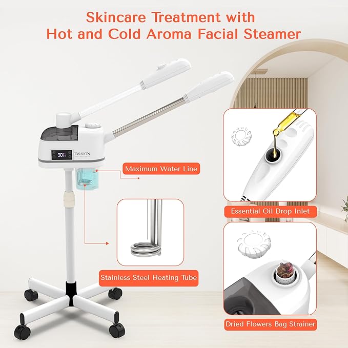 TASALON 2 in 1 Professional Facial Steamer on Wheels -with Ozone and Hot & Cold Mist, Ionic Facial Steamer Kit for Facial Deep Cleaning and Moisturize, SPA & Home, Ozone Face Humidifier (White)-Velvo Beauty