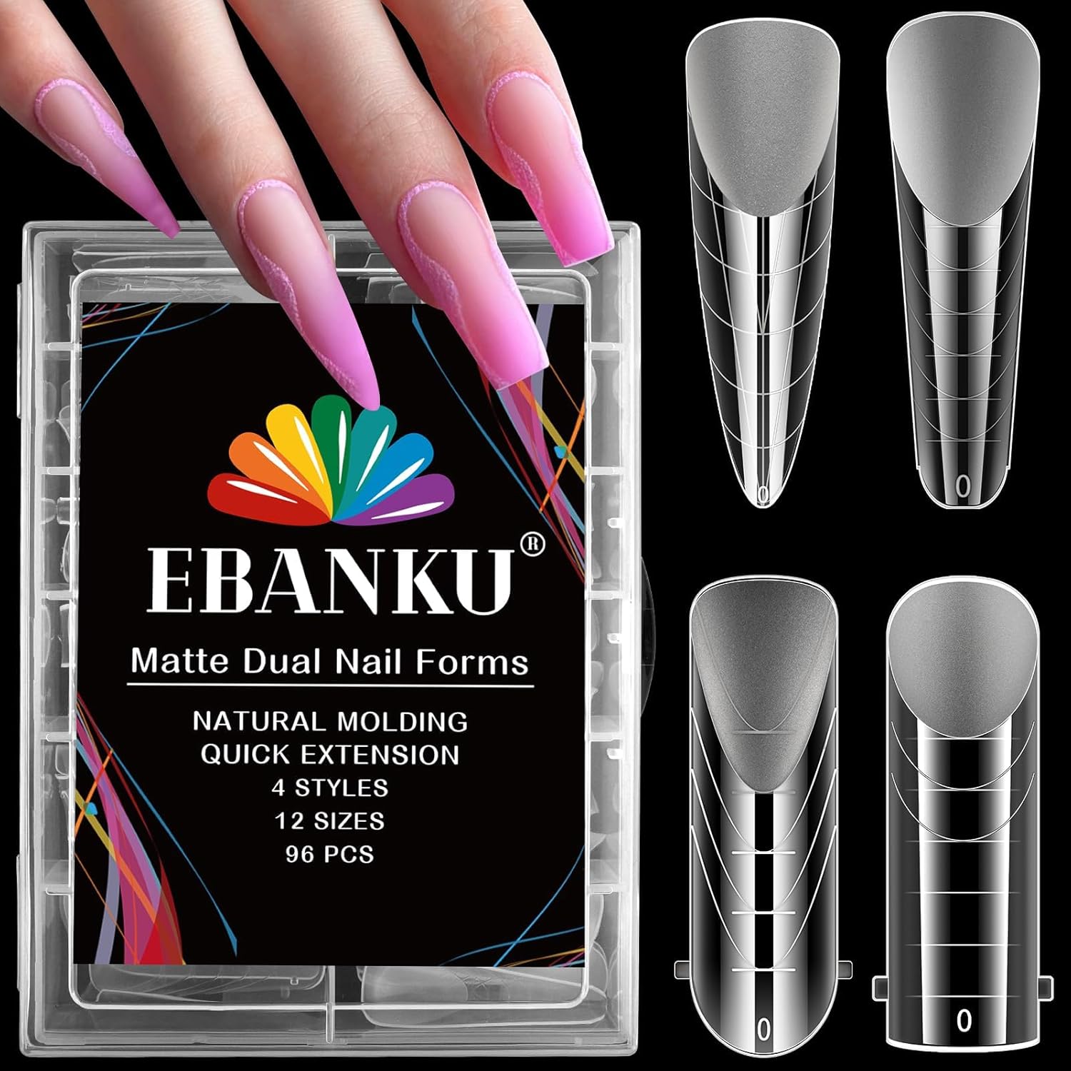 EBANKU 96PCS Clear Matte Dual Nail Forms Kit Full Cover Nail Mold Tips Acrylic Nail Extension Tools 4 Styles 12 Sizes Scale for Poly Gel Nail Art Salon Nails Design-Velvo Beauty