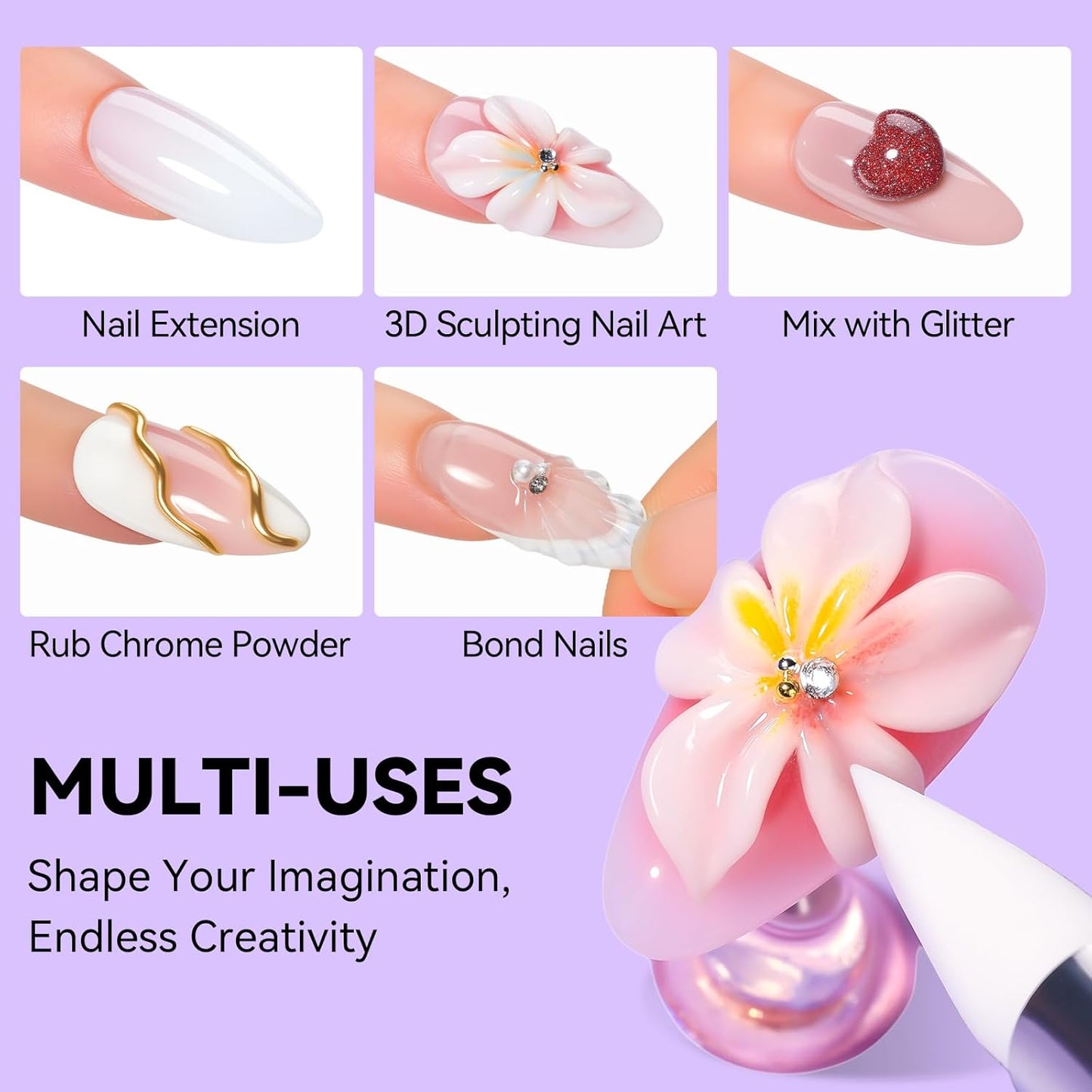 Makartt 3D Gel Nail Art: 4 in 1 White Solid Gel Builder Diy Kit for 15ML Nail Extension Gels, 4pcs Silicone Molds, 1 sculpture Brush, Nails Art Glue for Acrylic Nails Carving Manicure for Home Salon-Velvo Beauty