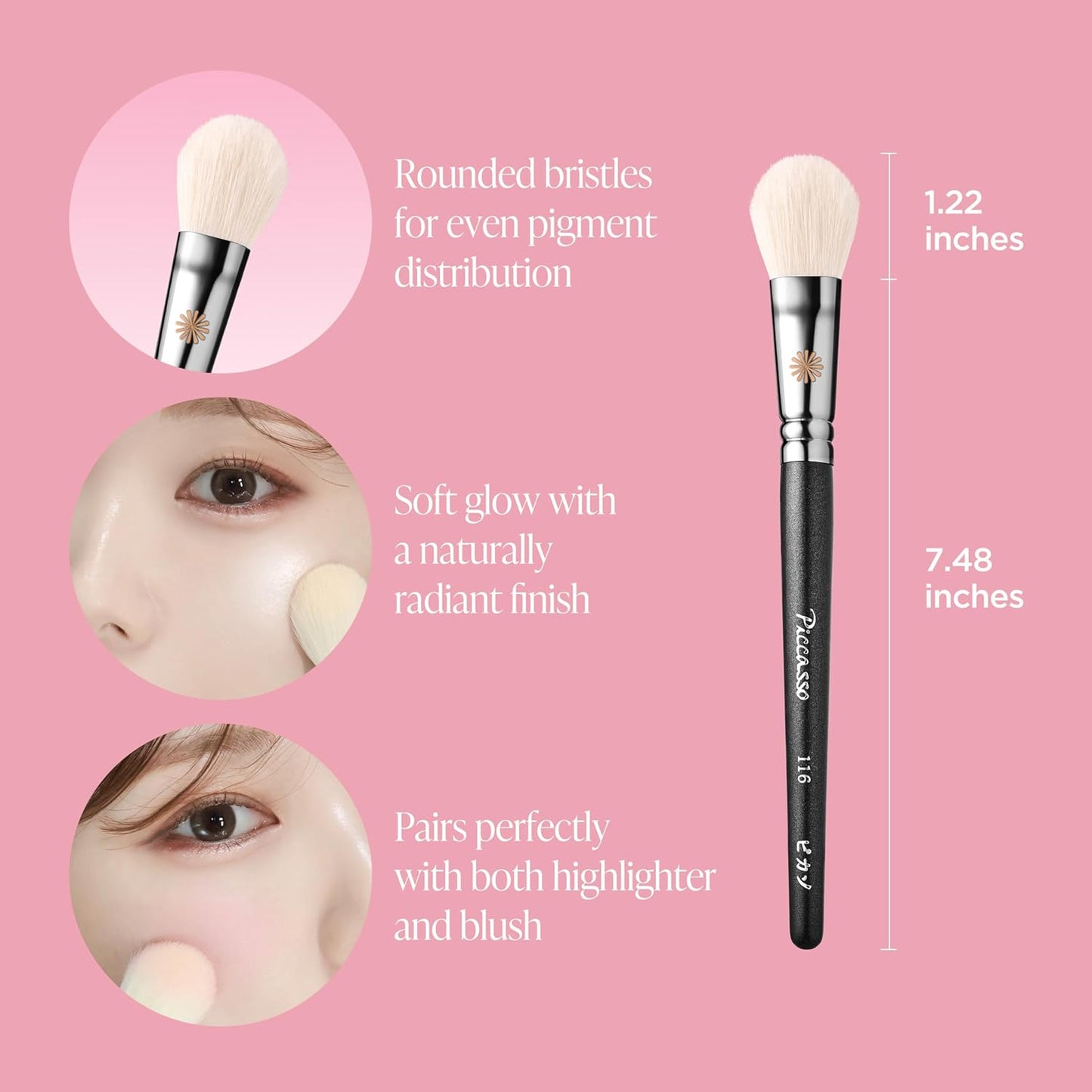 Piccasso 116 Highlighter Brush – Soft Goat Hair Makeup Brush for Face, Ideal for Highlighting Cheekbones, Nose, and Jawline, Fluffy Blush Brush for Natural Glow, Professional Korean Beauty-Velvo Beauty