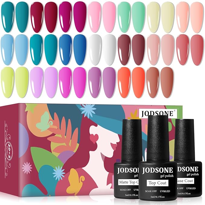 JODSONE 23 PCS Gel Polish Kit Colorful Fashion Classic Nail Gel Set 3 Bottles of Base Coat Matte and Glossy Top Coat-Velvo Beauty