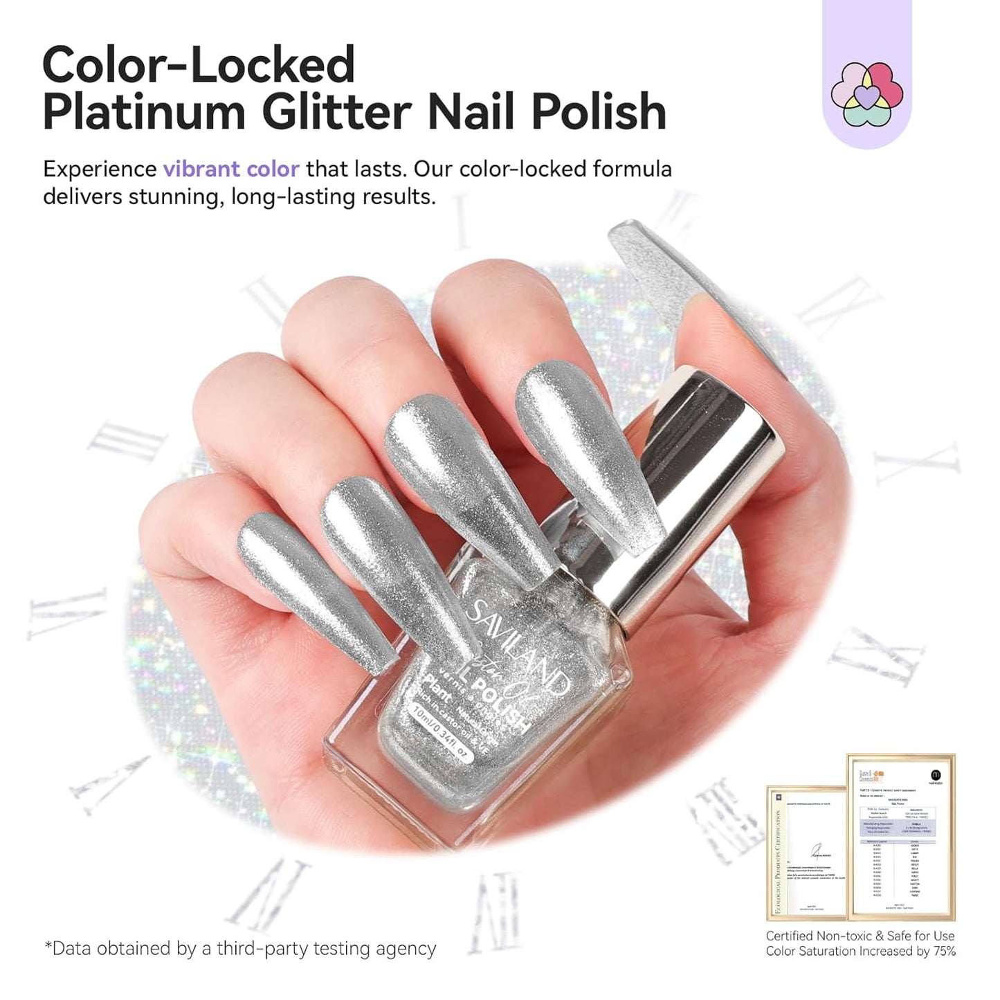 SAVILAND Color Artistry Sparkle Silver Nail Polish - 7 Days Shimmer Glitter Fingernail Polish Non Gel, Air Quick Dry Long Last Shine Diamond Silver Nail Lacquer Toe Nail Art Salon Manicure Home-Velvo Beauty