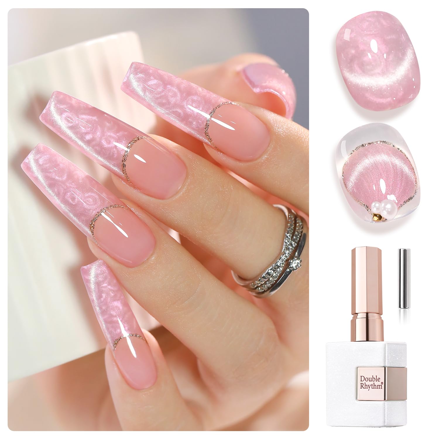 Double Rhythm 15ML Ice Glass Cat Eye Gel Polish with Magnet Holographic Glitter Shimmer Translucent Sheer Color Salon Soak Off Magnetic Nail at Home (Mermaid Pink-MC1134)-Velvo Beauty