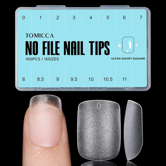 TOMICCA Extra Short Square Nail Tips, 15 Sizes Soft Double-sided Matte Fake Nails for Extensions, 450Pcs Acrylic Pre Shaped Gel Nail Tips for Home DIY Art Women Girls-Velvo Beauty