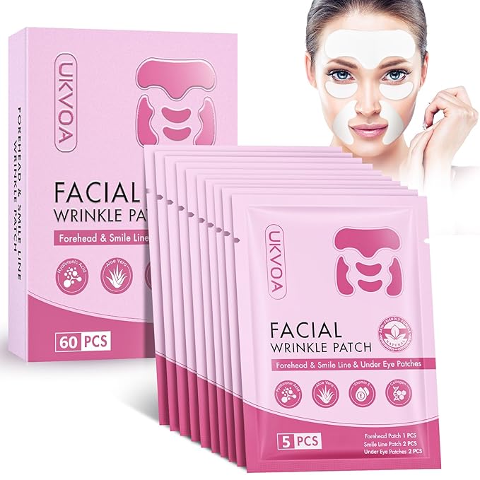 Forehead Wrinkle Patches & Smile Line Patches & Under Eye Patches, Overnight Facial Wrinkle Treatment with Hyaluronic Acid, Aloe, Collagen & Vitamin E to Lift Smile Lines for Women 60pcs-Velvo Beauty