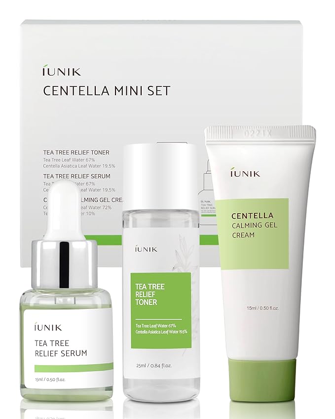 iUNIK Centella Mini Set Travel-Friendly Skincare Set Ultra calming and hydrating for sensitive skin - Tea Tree Relief Toner,Serum, Centella Calming Gel Cream-Velvo Beauty