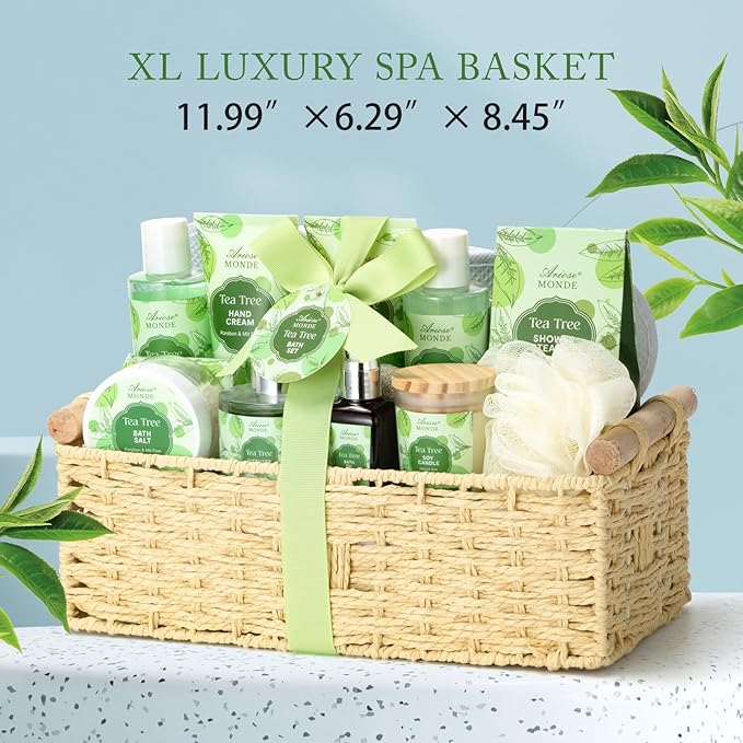 Spa Gift Basket - Tea Tree Bath Set With Shower Gel, Bubble Bath, Hand Cream, Soap, Salt, Essential Oil - Luxury Body Gift Kit for Women-Velvo Beauty