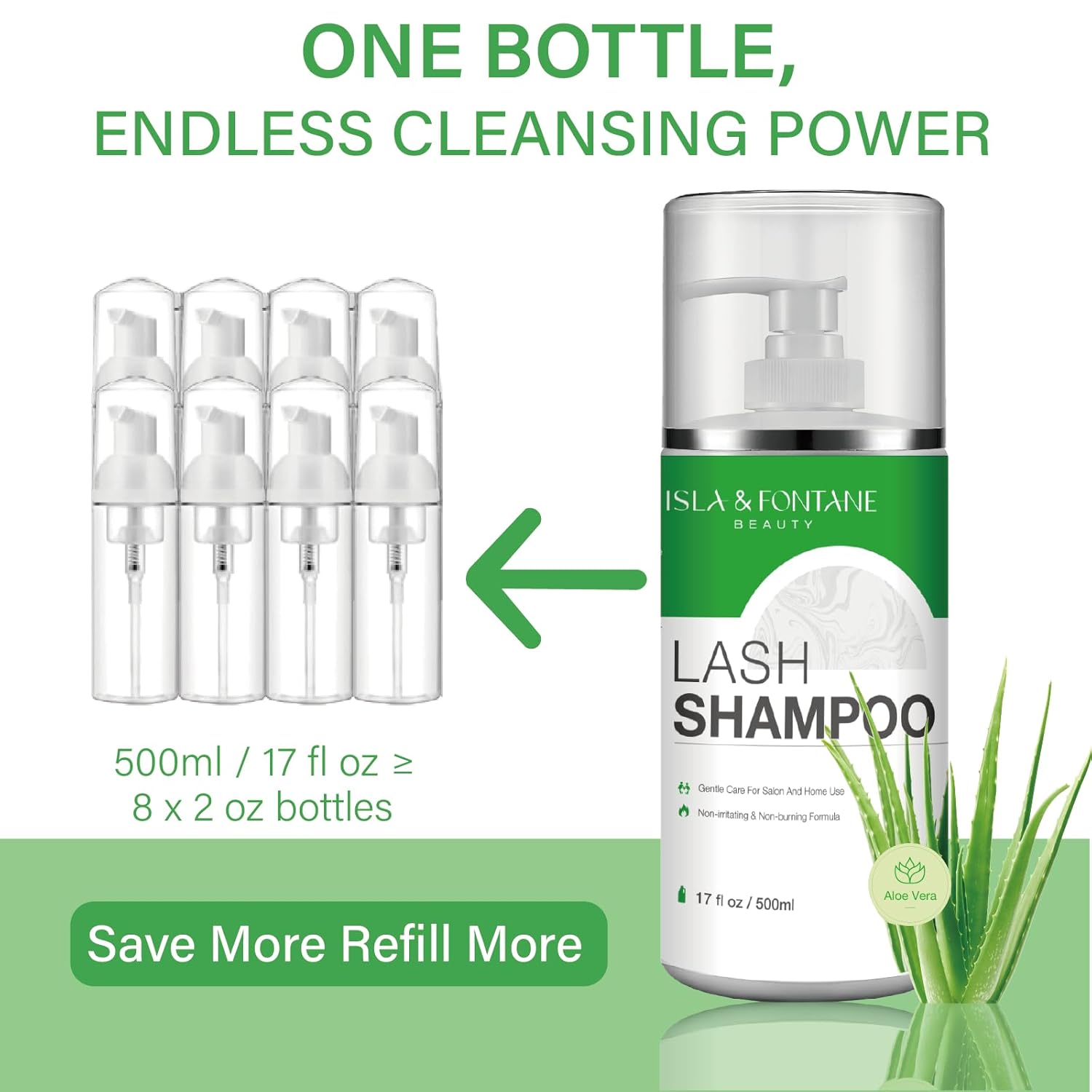 Isla & Fontane Lash Shampoo Bulk – Multi-Scent Series – 17 fl oz / 500ml | Gentle Eyelash Cleanser for Lash Extensions | Non-Irritating | Professional Lash Bath Foam For Salon And Home Use (Aloe Vera)-Velvo Beauty