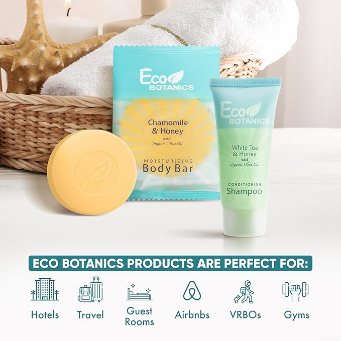 Eco Botanics Hotel Soaps and Toiletries Bulk Set | 1-Shoppe All-In-Kit Amenities for Hotels & Airbnb | 0.85 Conditioning Shampoo & oz Bar Soap Travel Size | 100 pieces-Velvo Beauty