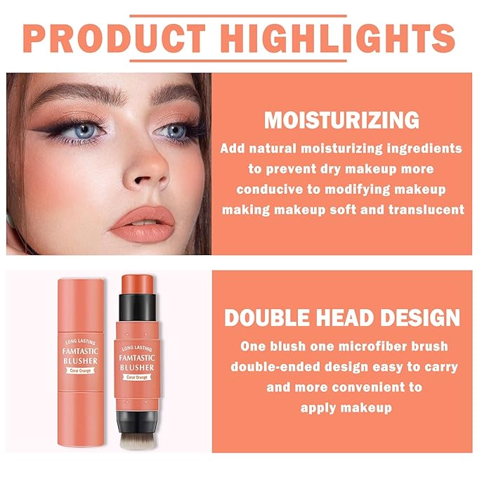 Cream Blush Stick with Brush,Waterproof Blush Makeup,Long Lasting 3 In 1 Cheek Blush & Lip Tint & Eye Shadow Makeup Stick,Easy To Use Blends Effortlessly,Cream Blush Makeup for All Skin Tones - Coral Orange-Velvo Beauty