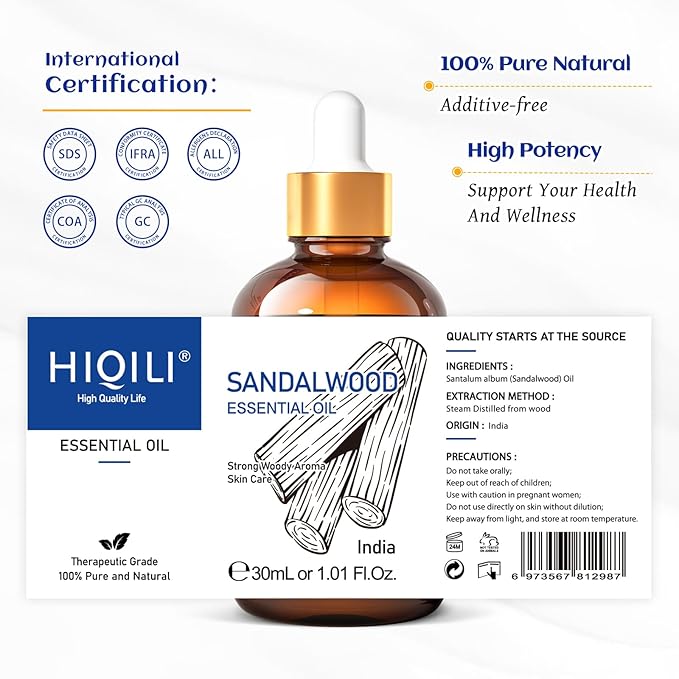 HIQILI Sandalwood Essential Oils 1 Fl Oz, 100% Pure Natural Therapeutic Grade for Skin, Diffuser, Perfume, Candle Soap Making, Includes Premium Quality Glass Dropper-Velvo Beauty