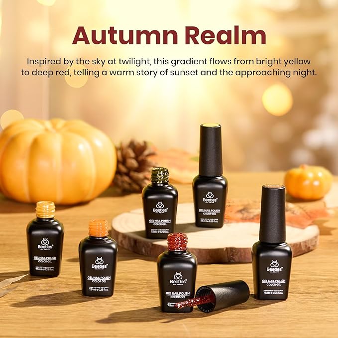 Beetles Fall Gel Nail Polish Set, 6Pcs Yellow Orange Burgundy Red Green Gel Polish Golden Glitter Nails Kit Autumn Realm Collection DIY Nail Art Gifts for Women-Velvo Beauty