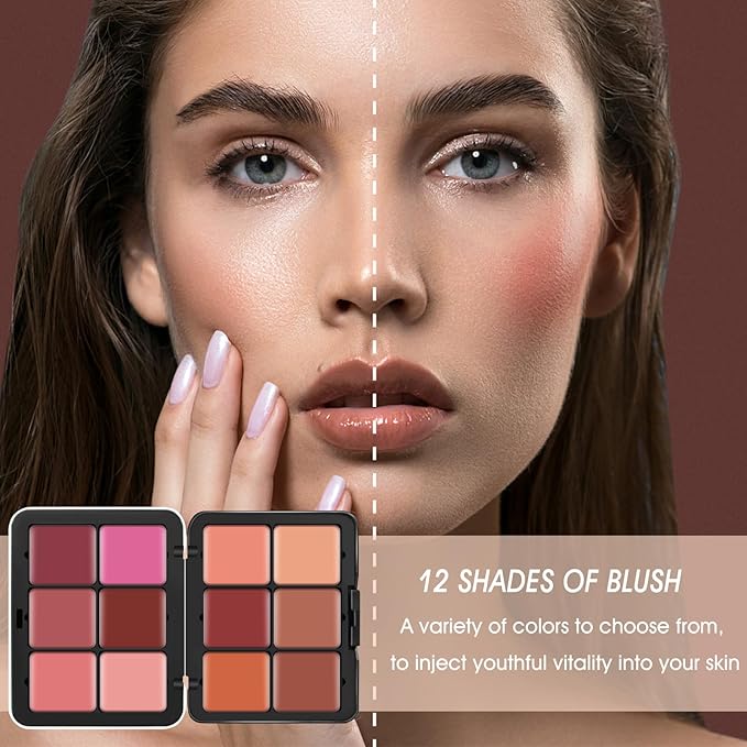 12 Colors Cream [Blush] Makeup Palette for Cheeks - Multi-functional Blush Makeup Palette with Brush, Natural Matte Long Wearing, Waterproof Blendable Face Makeup Palette (#01)-Velvo Beauty