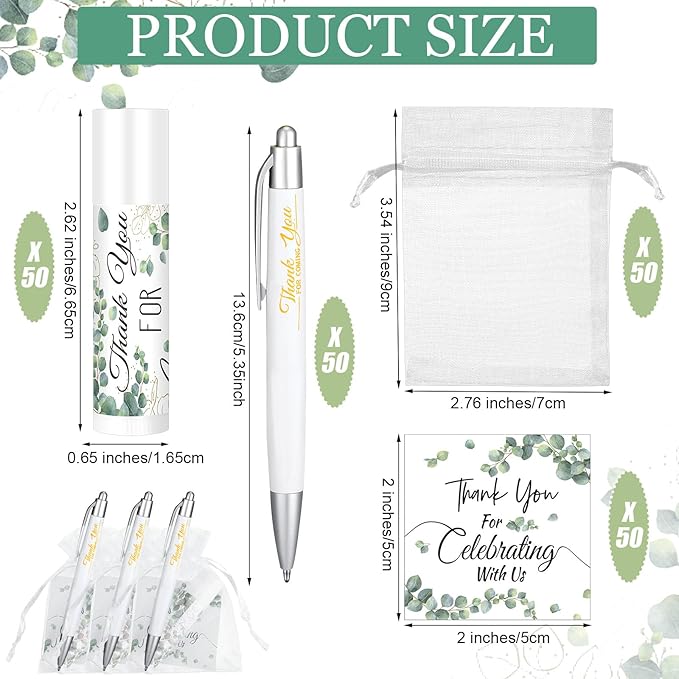 50 Set Bulk Thank You Combo Gifts Include Lip Balms Appreciation Ballpoint Pen Thank You Card Organza Drawstring Gift Bag Pouch for Wedding Parties Baby Shower Favors, Eucalyptus Leaves Style-Velvo Beauty