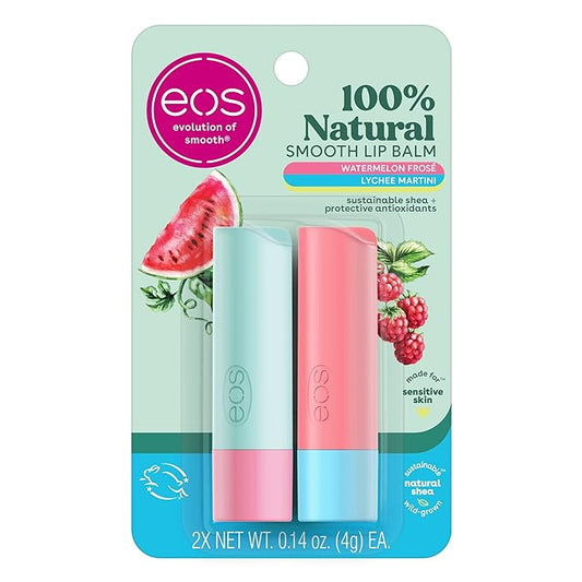 eos 100% Natural Lip Balm Sticks- Watermelon Frosé and Lychee Martini | Dermatologist Recommended for Sensitive Skin | All Day Moisture | 0.14 oz | 2-Pack-Velvo Beauty