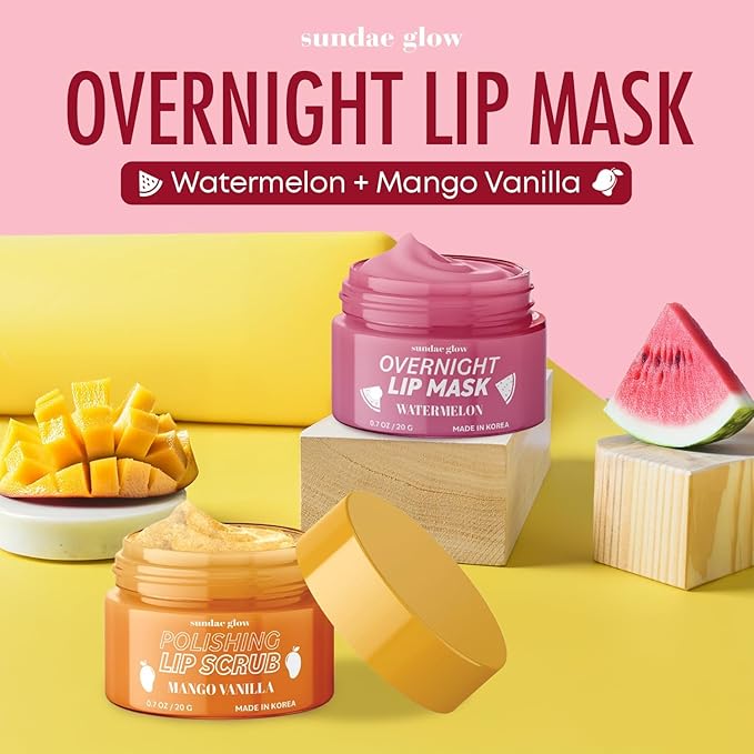 Mango, Vanilla & Watermelon Duo Lip Mask & Scrub - Dermatologist Tested, Anti-Aging, Korean Skin Care, Deep Hydration - Smooth, Soft & Plump Lips - Clean Beauty, Vegan, Non-GMO - 1 Pack-Velvo Beauty