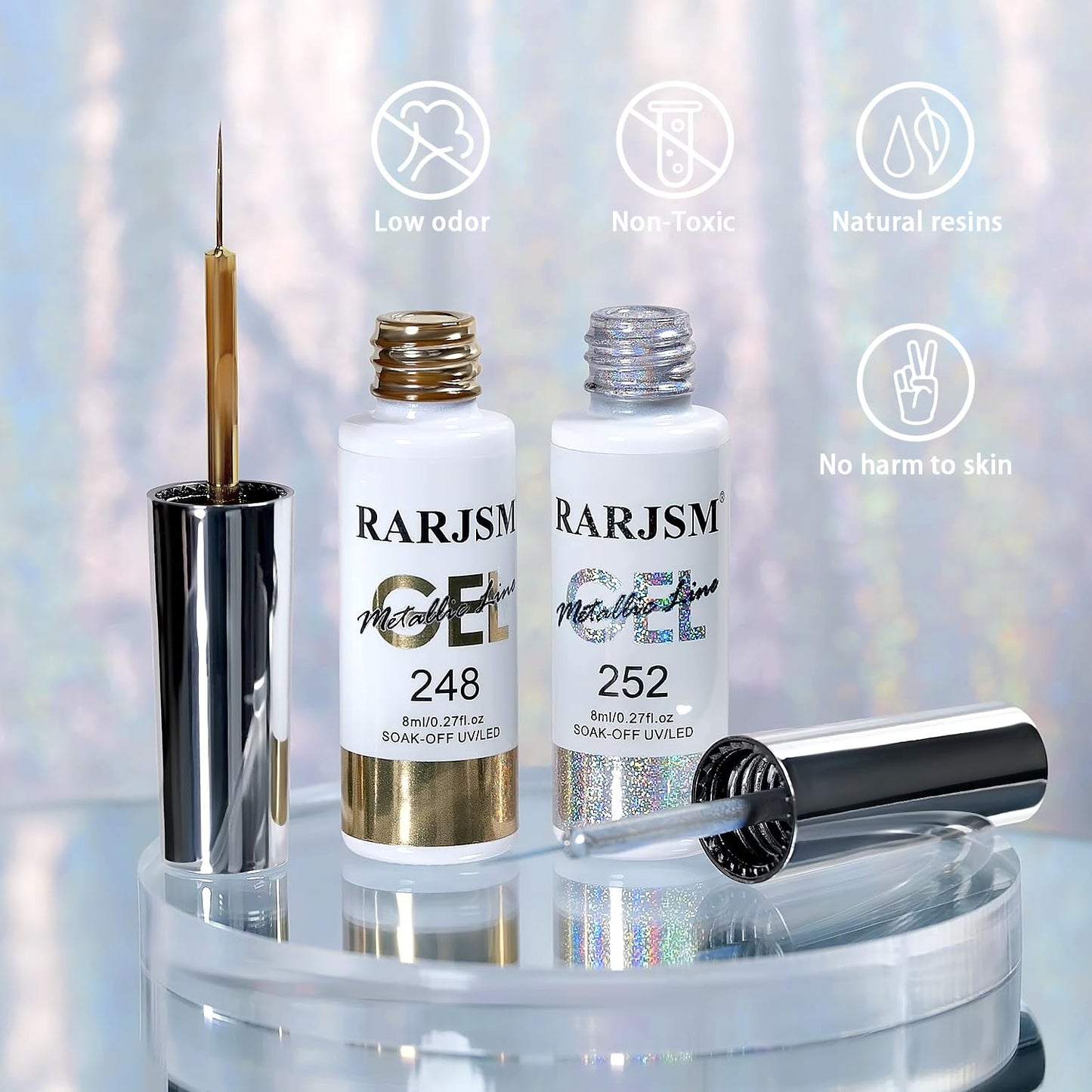 RARJSM Metallic Chrome Gel Liner Nail Art 3D Mirror Holographic Silver and Bronze Gold 2Pcs Set Gel Nail Polish 8ml Painting Build in Thin Brush Painted Drawing Striper GelPolish Curing Requires-Velvo Beauty