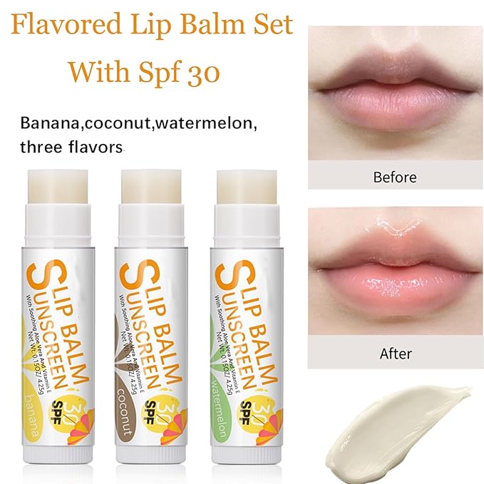 Spf 30 Lip Balm, 3Pcs Sunscreen Lip Balm, Lip Balm With Spf, Flavored Lip Balm, Vitamin E Lip Balm Set, Aloe Vera Hydrating Lip Balm for Women Gilrs-Velvo Beauty